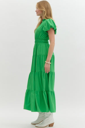 ENTRO INC Women's Dresses V-Neck Bubble Sleeve Tiered Midi Dress || David's Clothing