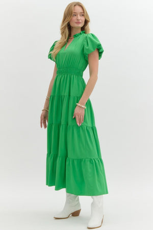 ENTRO INC Women's Dresses V-Neck Bubble Sleeve Tiered Midi Dress || David's Clothing