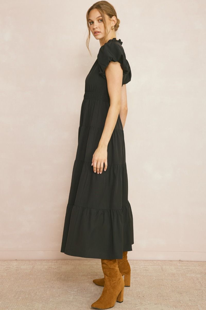 ENTRO INC Women's Dresses V-Neck Bubble Sleeve Tiered Midi Dress || David's Clothing