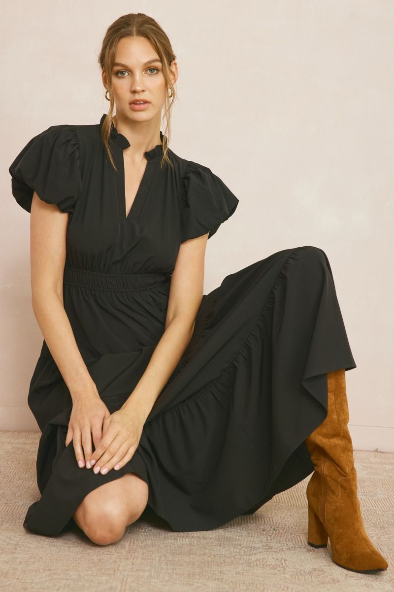 ENTRO INC Women's Dresses V-Neck Bubble Sleeve Tiered Midi Dress || David's Clothing