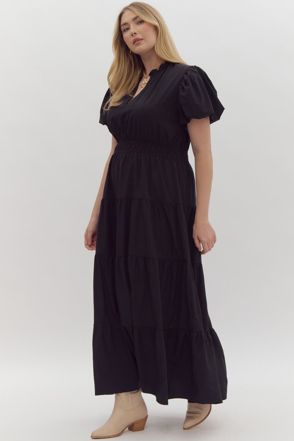 ENTRO INC Women's Dresses V-Neck Bubble Sleeve Tiered Midi Dress Plus Size || David's Clothing