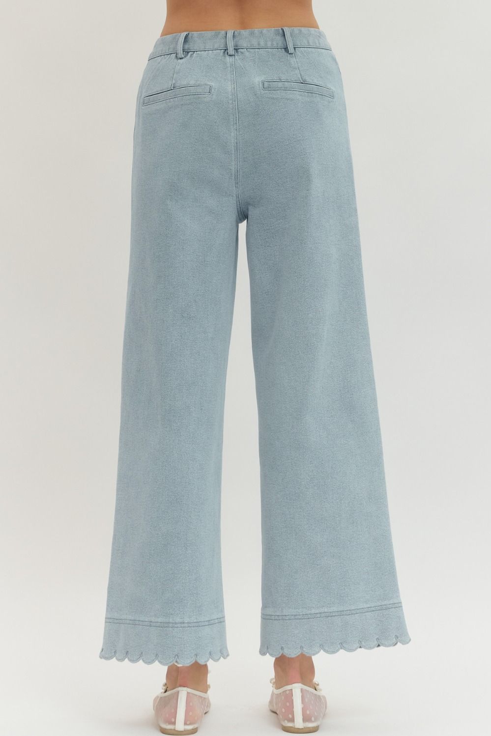 ENTRO INC Women's Jeans Solid Wide Leg Pants Featuring Scallop Accent Trim