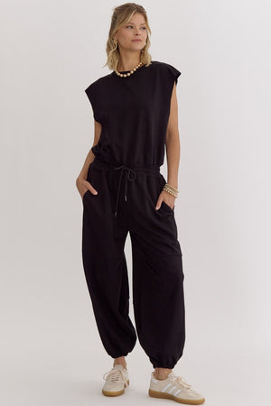 ENTRO INC Women's Jumpsuit BLACK / S Sleeveless Oversized Jumpsuit || David's Clothing R22793