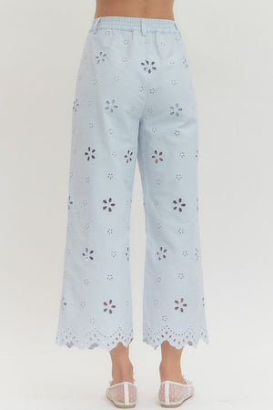 ENTRO INC Women's Pants Eyelet Embroidered Wide-Leg Pants Featuring Scallop Hem