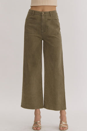 ENTRO INC Women's Pants OLIVE / S Solid High Waisted Wide Leg Pants || David's Clothing P24204