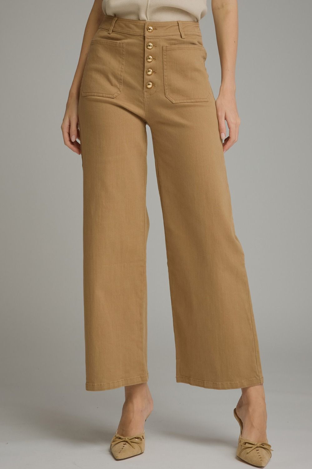 ENTRO INC Women's Pants Solid Wide Leg Pants with Front Button Closure