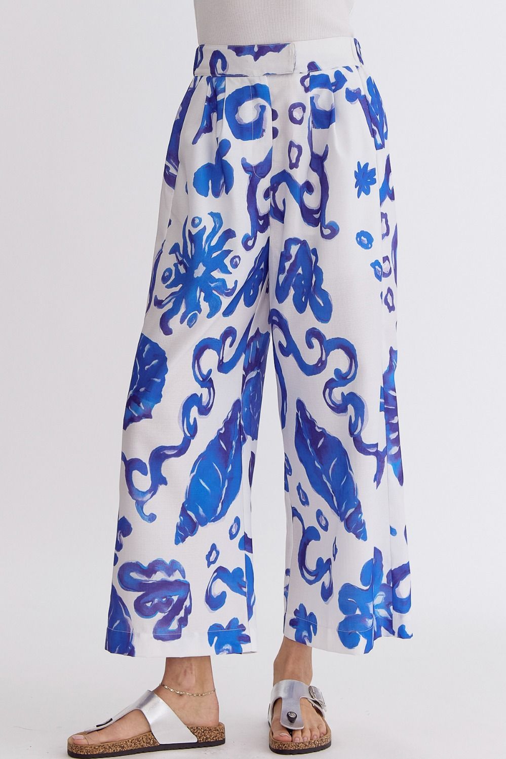 ENTRO INC Women's Pants Tropical Print High-Wasited Wide Leg Pants || David's Clothing