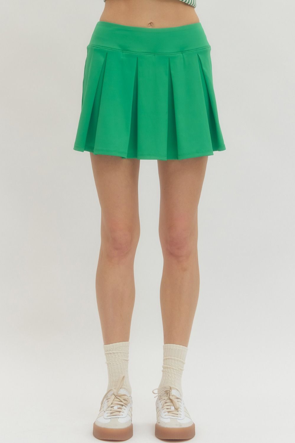 ENTRO INC Women's Skirts GREEN / S Solid Pleated Skirt with Attached Shorts Underlayer S29892