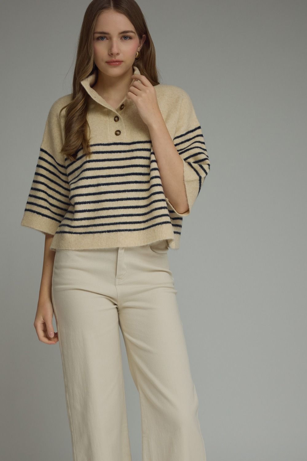 ENTRO INC Women's Sweater ECRU / S Stripe Short Sleeve Knit Top T32357