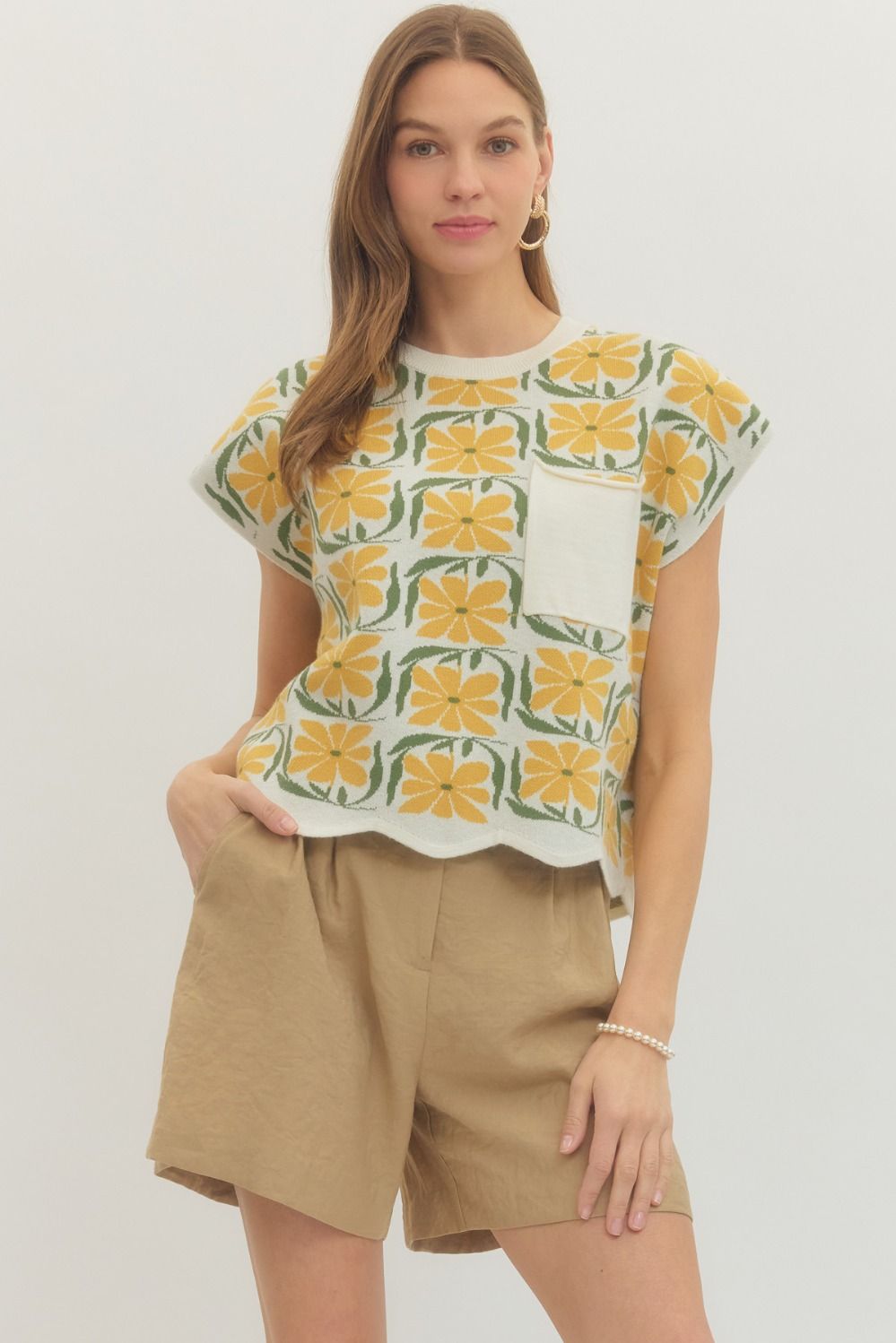 ENTRO INC Women's Sweaters Floral Knit Cap Sleeve Top