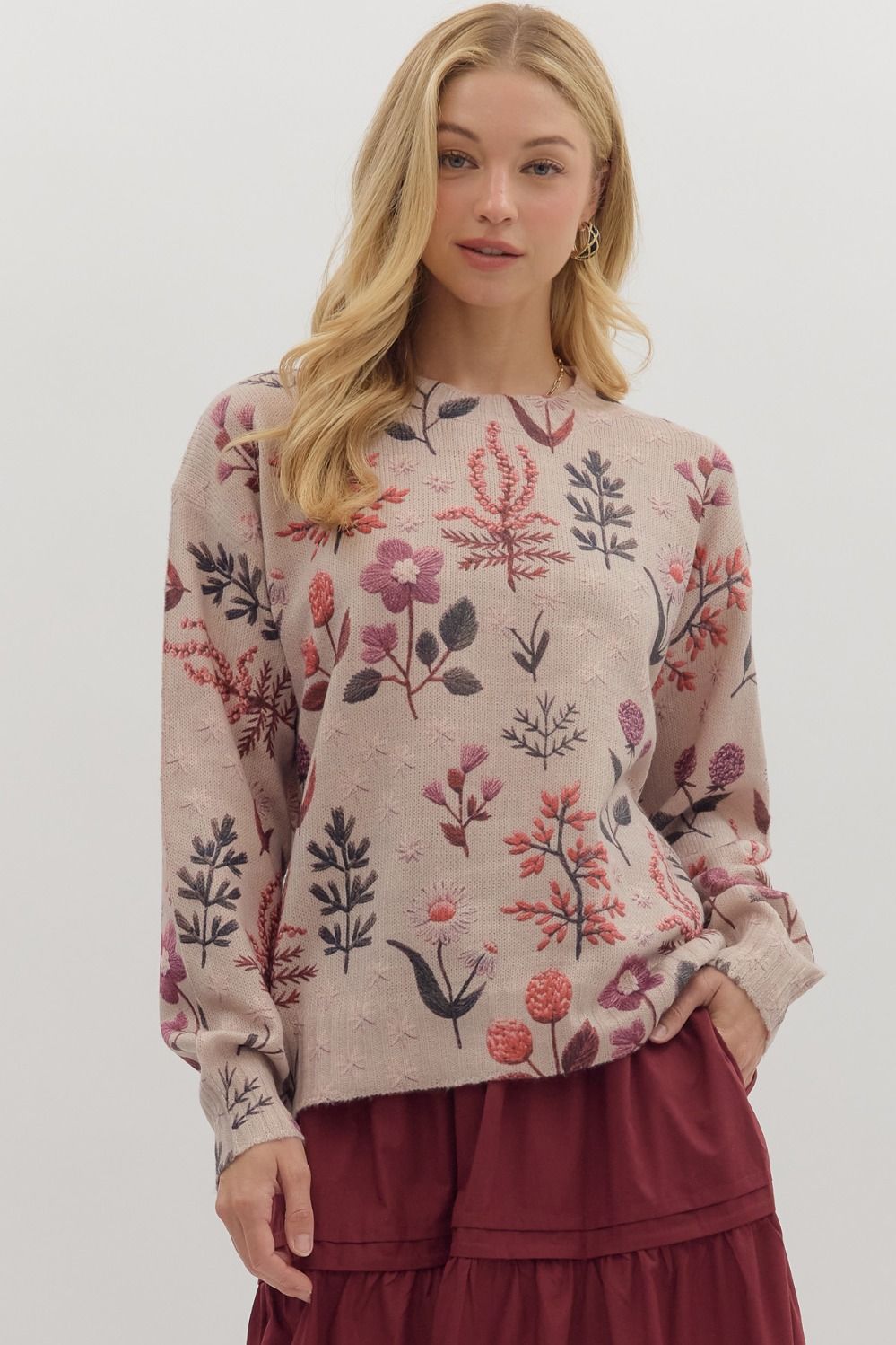 ENTRO INC Women's Sweaters Floral Print Long Sleeve Sweater Top || David's Clothing