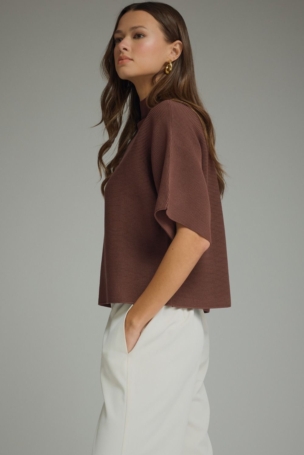 ENTRO INC Women's Sweaters Solid Mock Neck Short Sleeve Sweater Knit Top