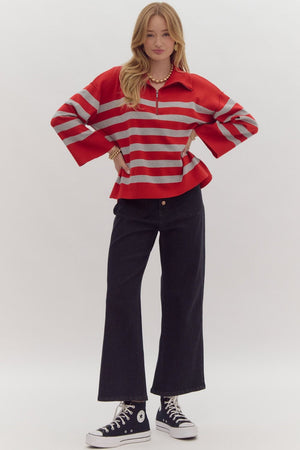 ENTRO INC Women's Sweaters Stripe Long Sleeve Collared Quarter Zip Top || David's Clothing