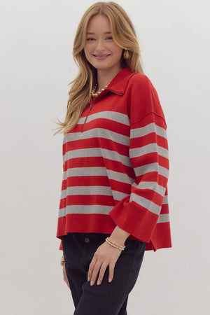 ENTRO INC Women's Sweaters Stripe Long Sleeve Collared Quarter Zip Top || David's Clothing