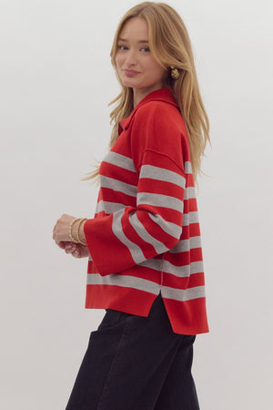 ENTRO INC Women's Sweaters Stripe Long Sleeve Collared Quarter Zip Top || David's Clothing