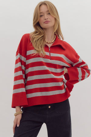 ENTRO INC Women's Sweaters Stripe Long Sleeve Collared Quarter Zip Top || David's Clothing