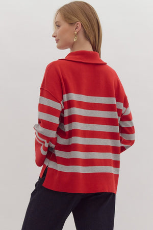 ENTRO INC Women's Sweaters Stripe Long Sleeve Collared Quarter Zip Top || David's Clothing