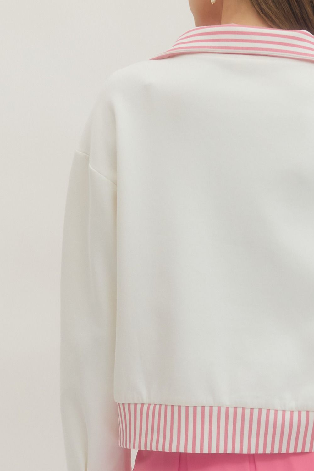 ENTRO INC Women's Top 1 - Take Pics of Green - Half Zip Striped Collar and Hem Top