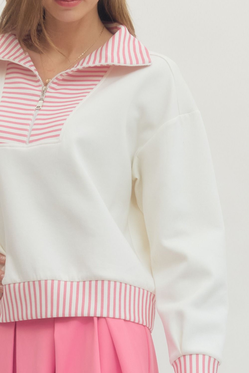 ENTRO INC Women's Top 1 - Take Pics of Green - Half Zip Striped Collar and Hem Top