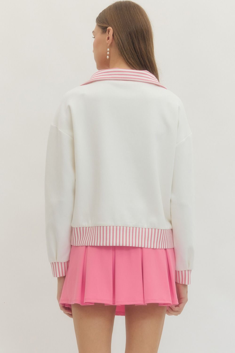 ENTRO INC Women's Top 1 - Take Pics of Green - Half Zip Striped Collar and Hem Top