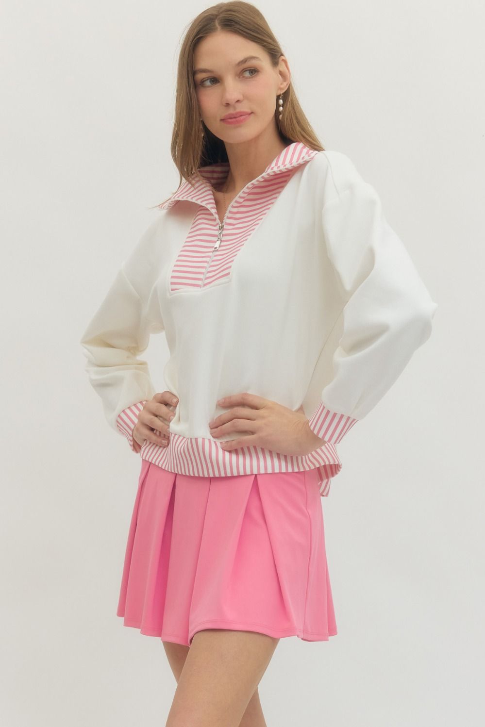 ENTRO INC Women's Top 1 - Take Pics of Green - Half Zip Striped Collar and Hem Top