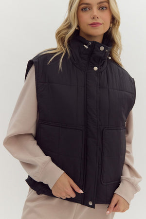 ENTRO INC Women's Top BLACK / S Quilted Zip-Up Snap Button Vest || David's Clothing J24057