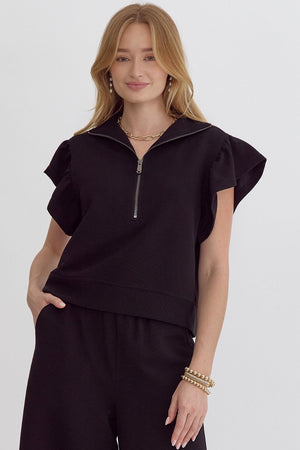 ENTRO INC Women's Top BLACK / S Textured Solid Ruffle Sleeve Top || David's Clothing T23793