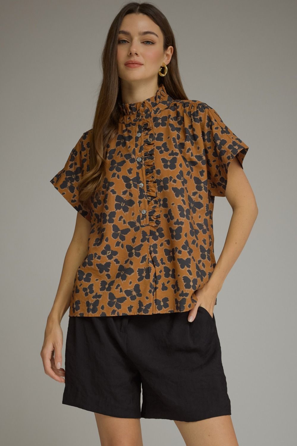 ENTRO INC Women's Top BROWN / S Floral Print Short Sleeve Top T33002