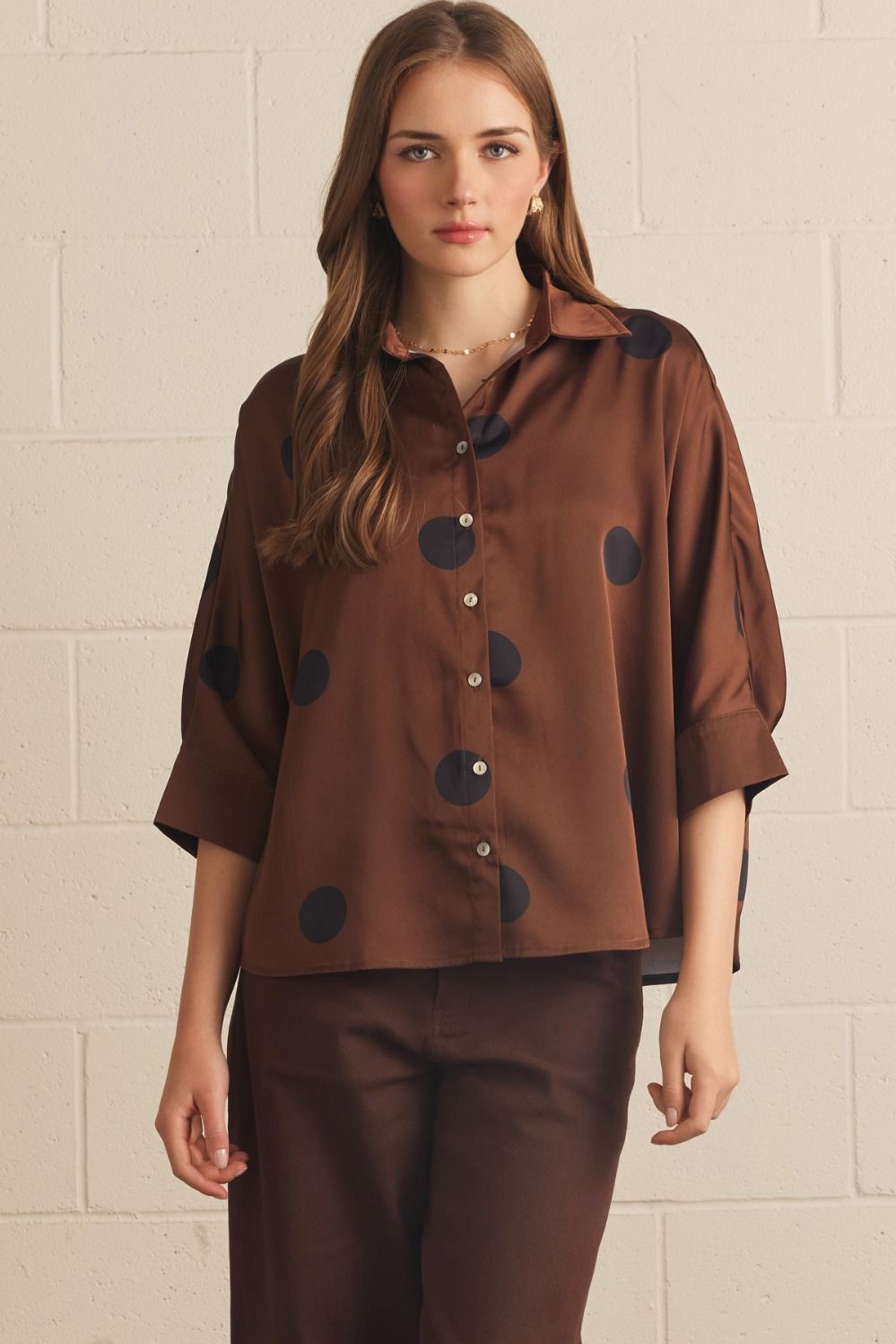 ENTRO INC Women's Top BROWN / S Polka Dot Collared 3/4 Sleeve Button Top T32212B