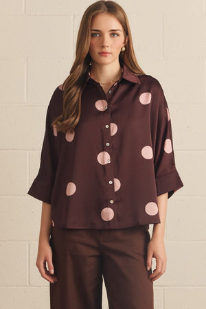 ENTRO INC Women's Top BURGUNDY / S Polka Dot Collared 3/4 Sleeve Button Top T32212BU