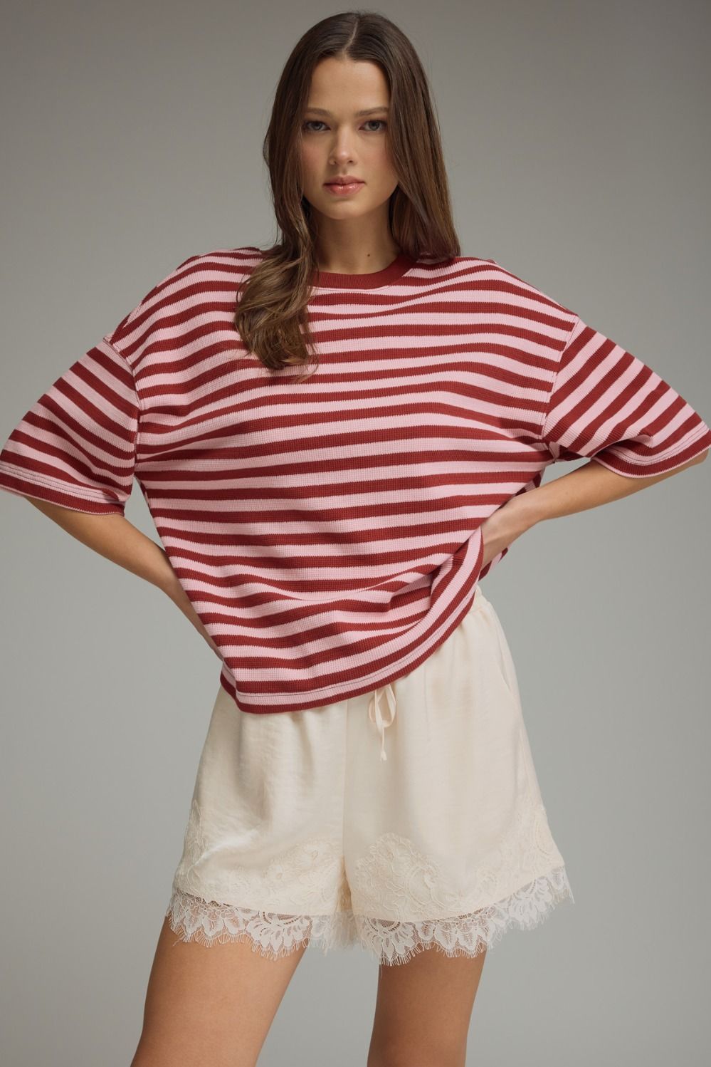 ENTRO INC Women's Top BLUE / S Ribbed Striped Short Sleeve Top T31806