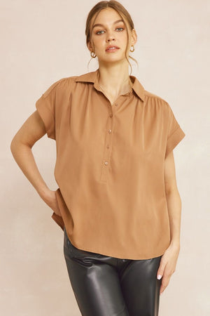 ENTRO INC Women's Top Collared Button Up Short Sleeve Top || David's Clothing