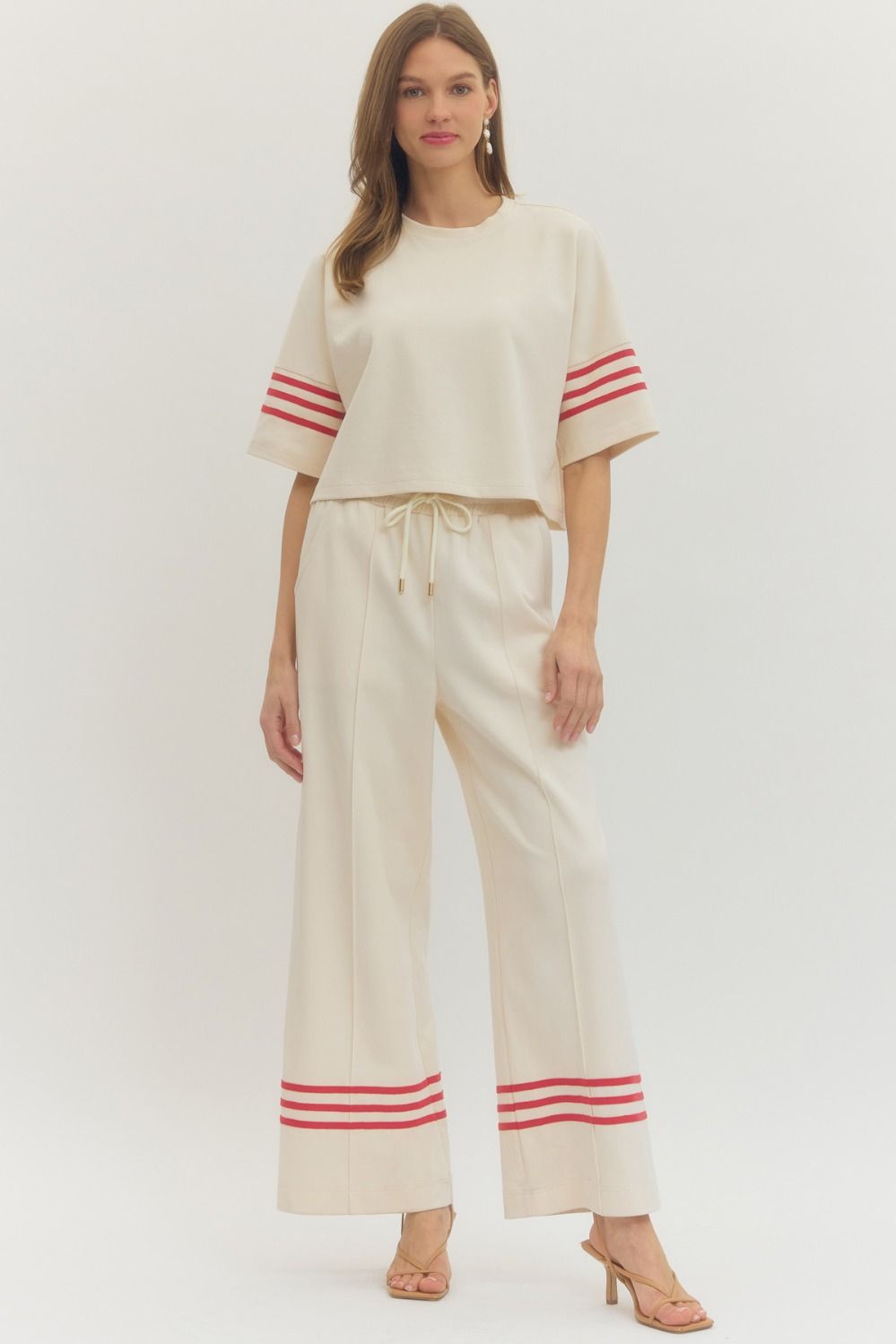 ENTRO INC Women's Top Crew Neck 3 Stripe Sleeve Top