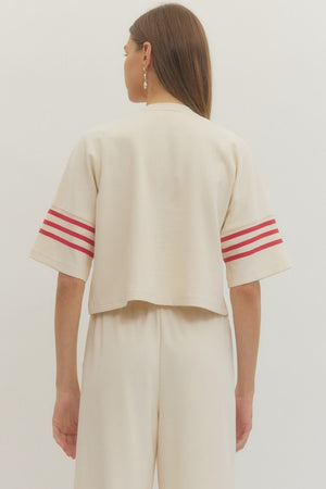 ENTRO INC Women's Top Crew Neck 3 Stripe Sleeve Top