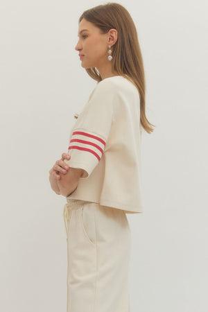 ENTRO INC Women's Top Crew Neck 3 Stripe Sleeve Top