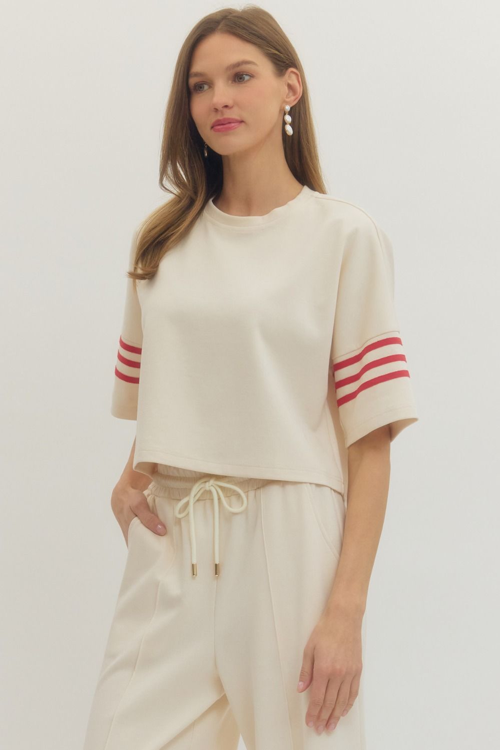 ENTRO INC Women's Top Crew Neck 3 Stripe Sleeve Top