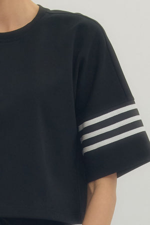 ENTRO INC Women's Top Crew Neck 3 Stripe Sleeve Top