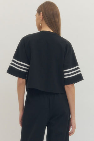 ENTRO INC Women's Top Crew Neck 3 Stripe Sleeve Top