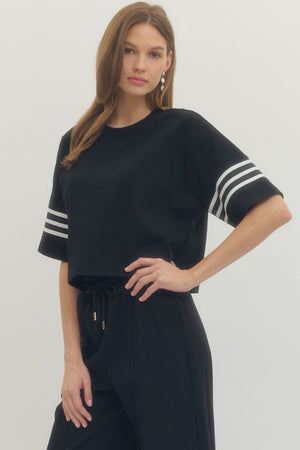 ENTRO INC Women's Top Crew Neck 3 Stripe Sleeve Top