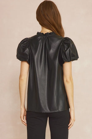 ENTRO INC Women's Top Faux Leather Short Sleeve V-Neck Top || David's Clothing
