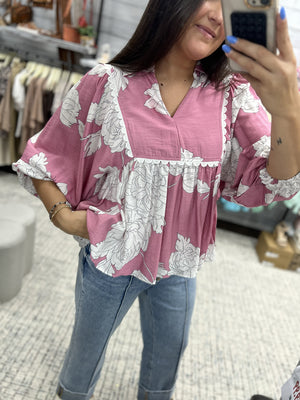 ENTRO INC Women's Top Floral Print 3/4 Sleeve Collared V Neck Top