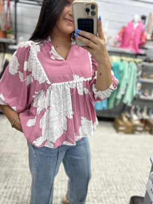 ENTRO INC Women's Top Floral Print 3/4 Sleeve Collared V Neck Top