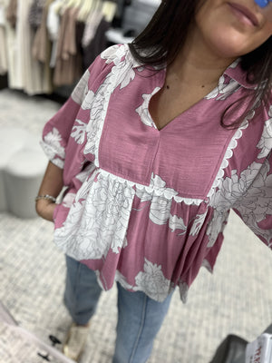 ENTRO INC Women's Top Floral Print 3/4 Sleeve Collared V Neck Top