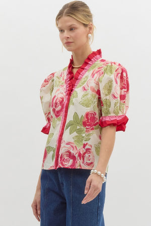 ENTRO INC Women's Top Floral Print Elasticated Short Puff Sleeve Pullover Top