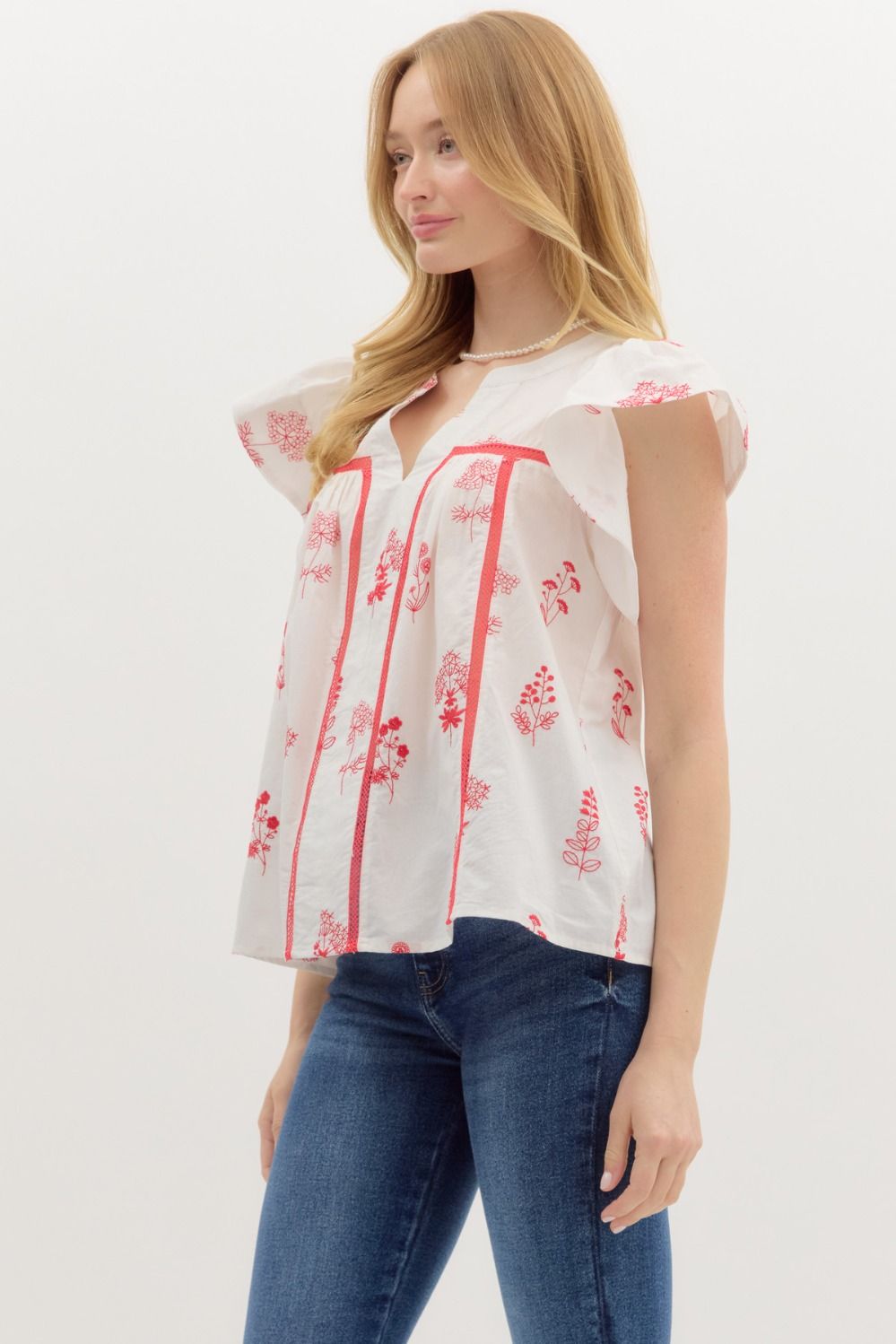 ENTRO INC Women's Top Floral Print Flutter Sleeve Pullover Top || David's Clothing