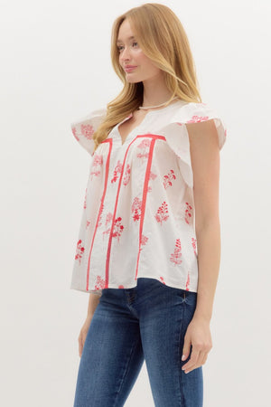 ENTRO INC Women's Top Floral Print Flutter Sleeve Pullover Top || David's Clothing