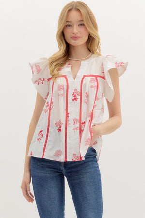ENTRO INC Women's Top Floral Print Flutter Sleeve Pullover Top || David's Clothing