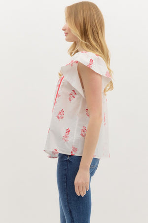 ENTRO INC Women's Top Floral Print Flutter Sleeve Pullover Top || David's Clothing