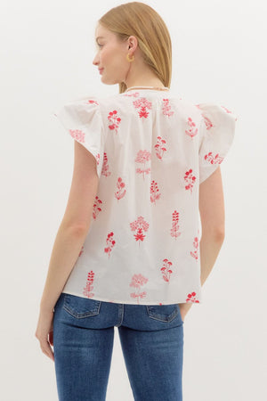 ENTRO INC Women's Top Floral Print Flutter Sleeve Pullover Top || David's Clothing