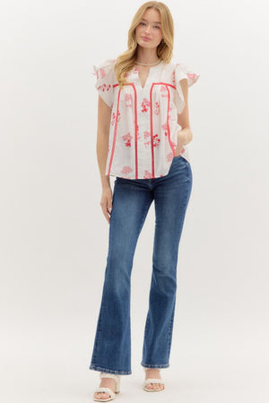 ENTRO INC Women's Top Floral Print Flutter Sleeve Pullover Top || David's Clothing